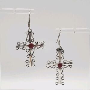 Vintage Taxco Mexico Sterling 925 Signed TI-79 Cross Earrings Inlay Red Stone
